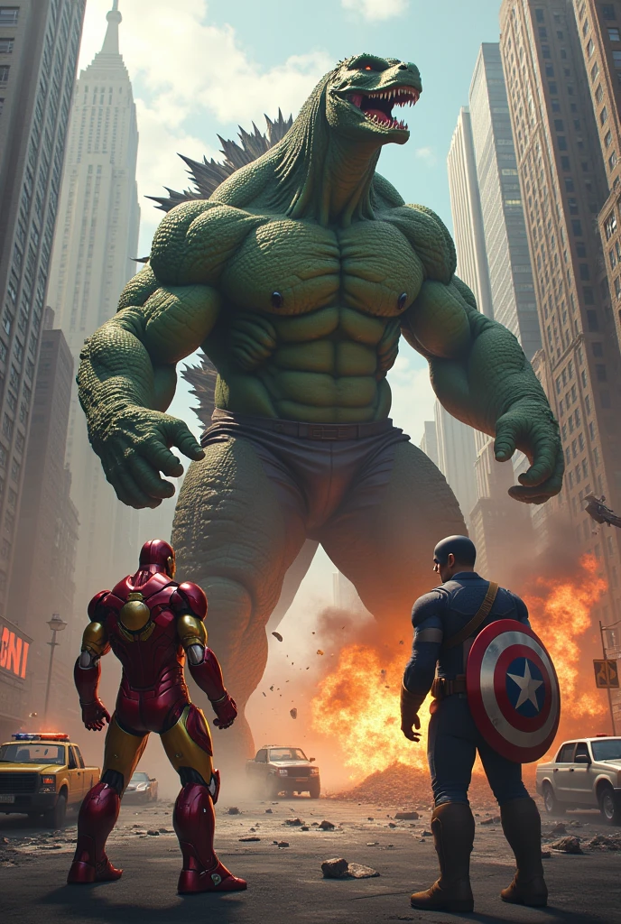 Godzilla and the Hulk fighting each other in New York city and ironman and captain America watching there fight
