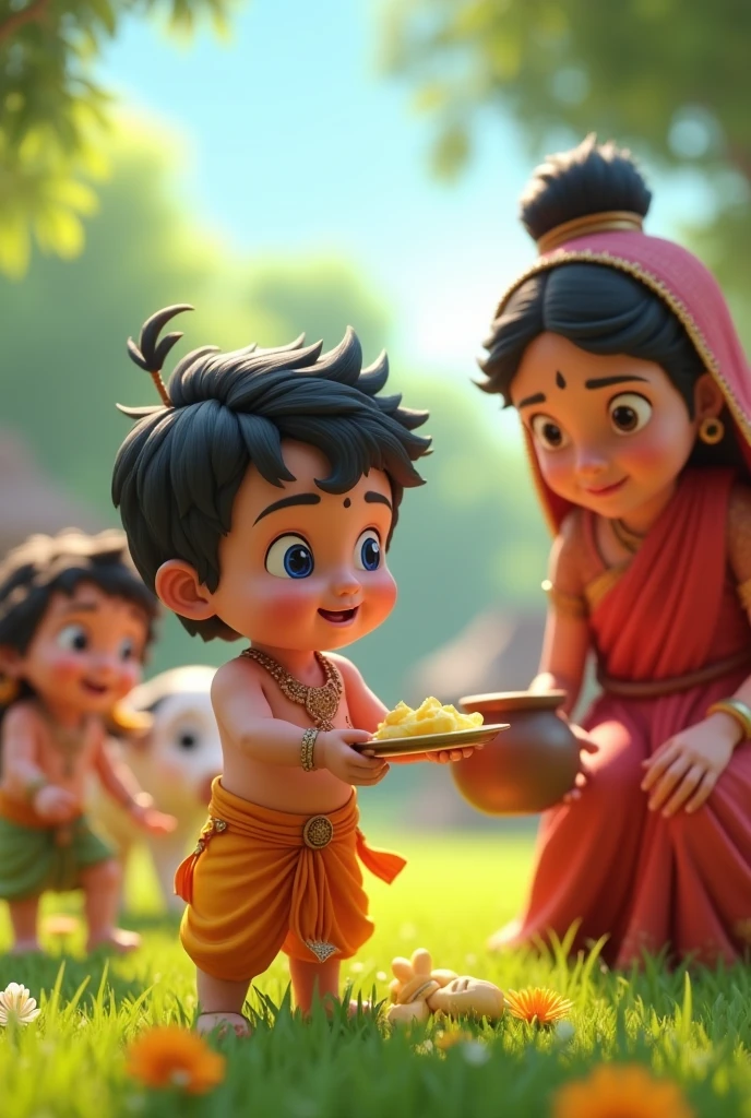 In Cinematic 3d style cartoon 
, A bright and cheerful day in Gokul, with lush green fields and cows grazing. Little Krishna, now a playful toddler, is surrounded by other children. He is shown stealing butter from a hanging pot, with a mischievous smile on his face. Yashoda, in traditional attire, lovingly scolds him. The atmosphere is full of joy, with vibrant colors and a sense of divine playfulness