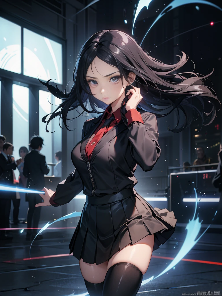 One adult woman with narrow eyes,career woman,Tight skirt,pumps,lawyer,cool,Gaze, Forehead,Anatomically correct, accurate, masterpiece, Highest quality, Winner of numerous awards, Textured skin, Retina, Retina, Black Hair, Half-up hairstyle, Solemn, Column Lineup,Cinematic light effects, Anime Style, Japanese illustration style,