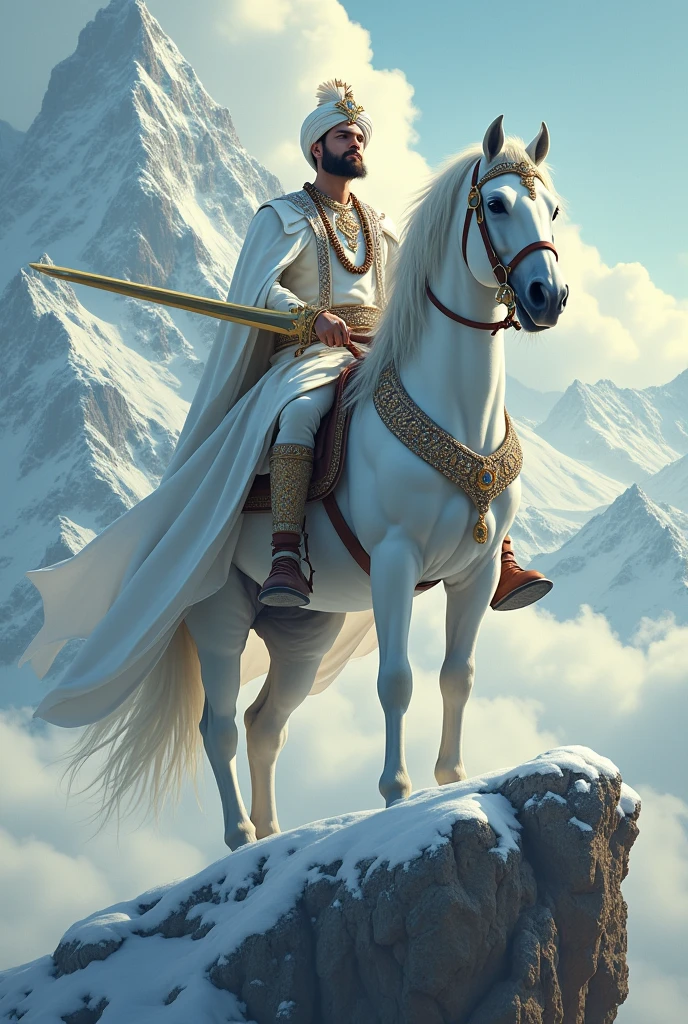 A king on his white horse in top of mountain, King having round moustache, clean shaved, round earrings, big sword in hands, wearing white turban white clothes, wearing Jewlleries. Image should be divine.