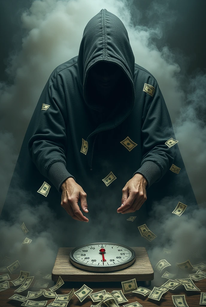 Face cover man money fly around background black and smoke man hand touched weighing scale one  money scale second smartphone scale very realistic