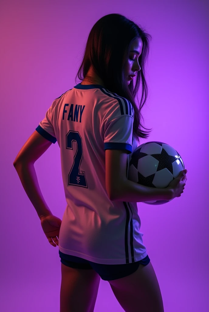high quality photography ((masterpiece))
From a 1 girl with a good body, with her back turned and on her back the name Fany and the number 2 below on her soccer shirt and a ball hugged around her waist Black hair, that his face cannot be seen With the purple background of the image