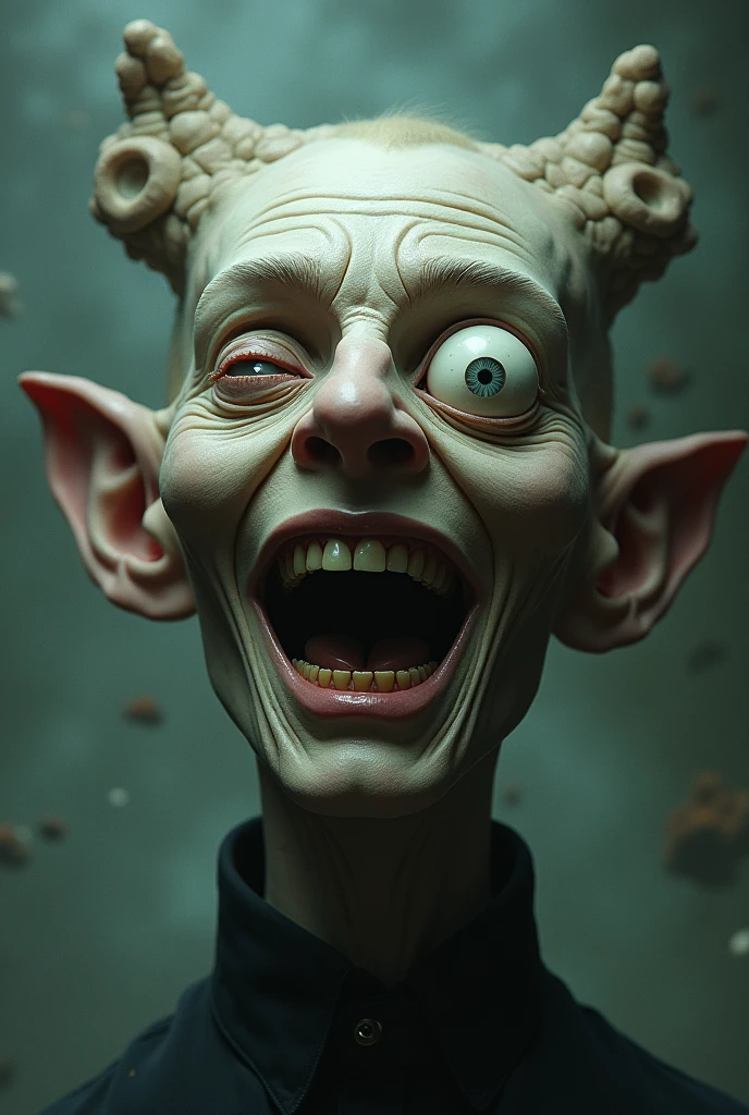 The man with 1 giant eye ,head split in two,laughing