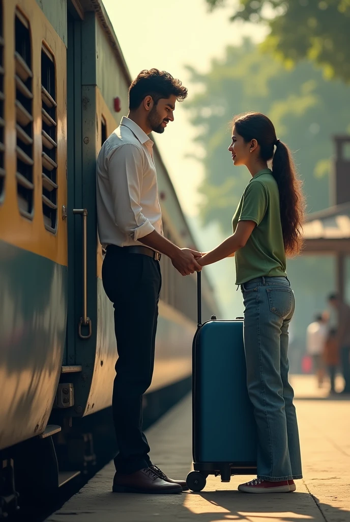 A couple in indian railway station and men are in the train door and train has out of station are slowly and women say good bye to him both are emotional for long distance and men had a trolly bag and women wear a baggy jins and green top and men wear a black formal paint and white shirt and men had a blue trolly bag and the station name bhanuprattappur
