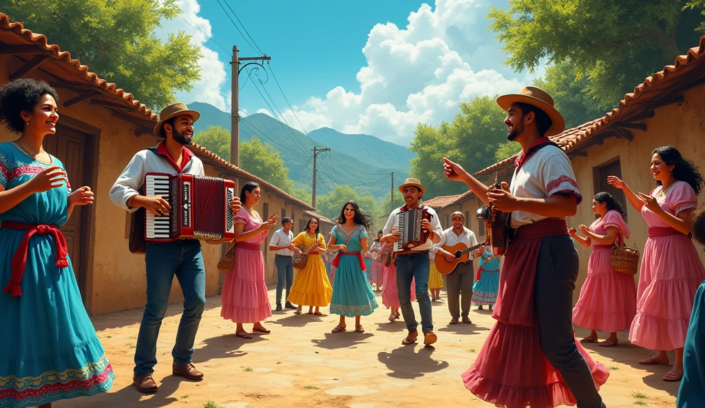 A vibrant outdoor scene in a small Colombian village during a lively Vallenato music performance. Musicians are playing traditional instruments like the accordion, caja, and guacharaca. The crowd is dancing joyfully in colorful, traditional clothing. The background features rustic houses with clay-tiled roofs, lush green trees, and a bright blue sky