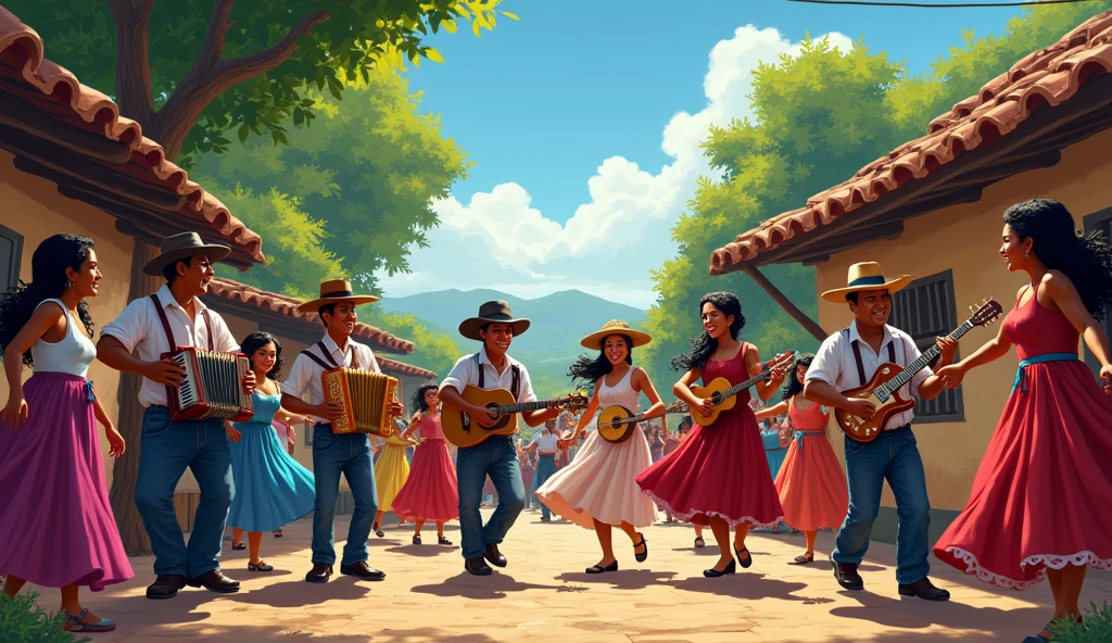 A vibrant outdoor scene in a small Colombian village during a lively Vallenato music performance. Musicians are playing traditional instruments like the accordion, caja, and guacharaca. The crowd is dancing joyfully in colorful, traditional clothing. The background features rustic houses with clay-tiled roofs, lush green trees, and a bright blue sky