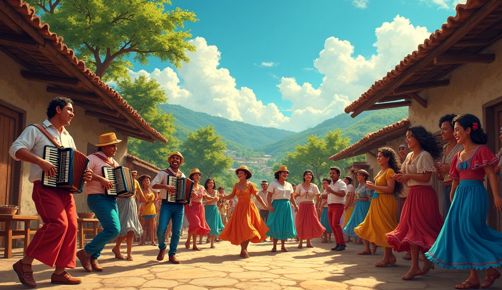 A vibrant outdoor scene in a small Colombian village during a lively Vallenato music performance. Musicians are playing traditional instruments like the accordion, caja, and guacharaca. The crowd is dancing joyfully in colorful, traditional clothing. The background features rustic houses with clay-tiled roofs, lush green trees, and a bright blue sky