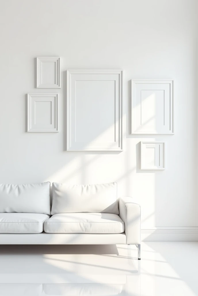 Janmashtami bunch of white frames mounted in a wall with white frames and couch