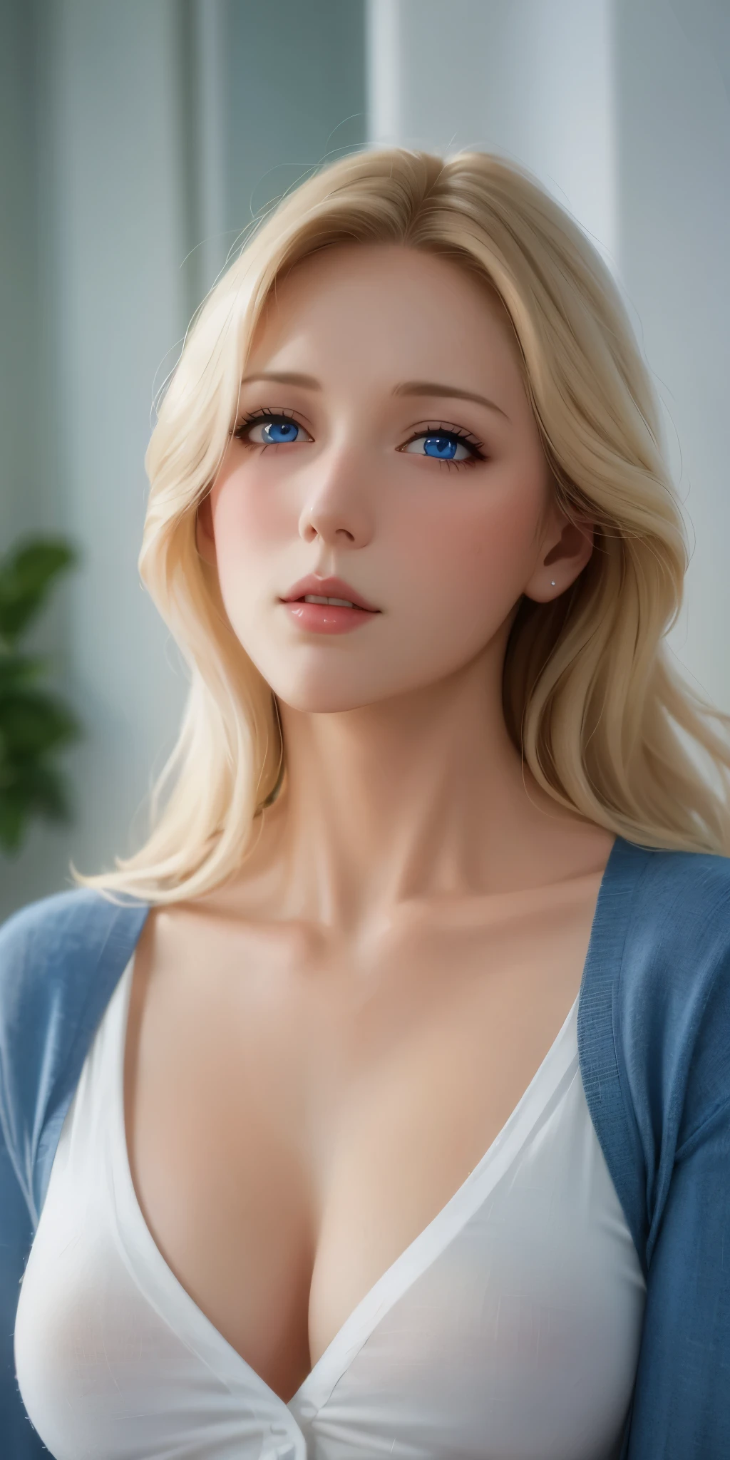 Elegant adult female, pale skin, blonde, home , soft light, 4k resolution, high quality, beautiful cg