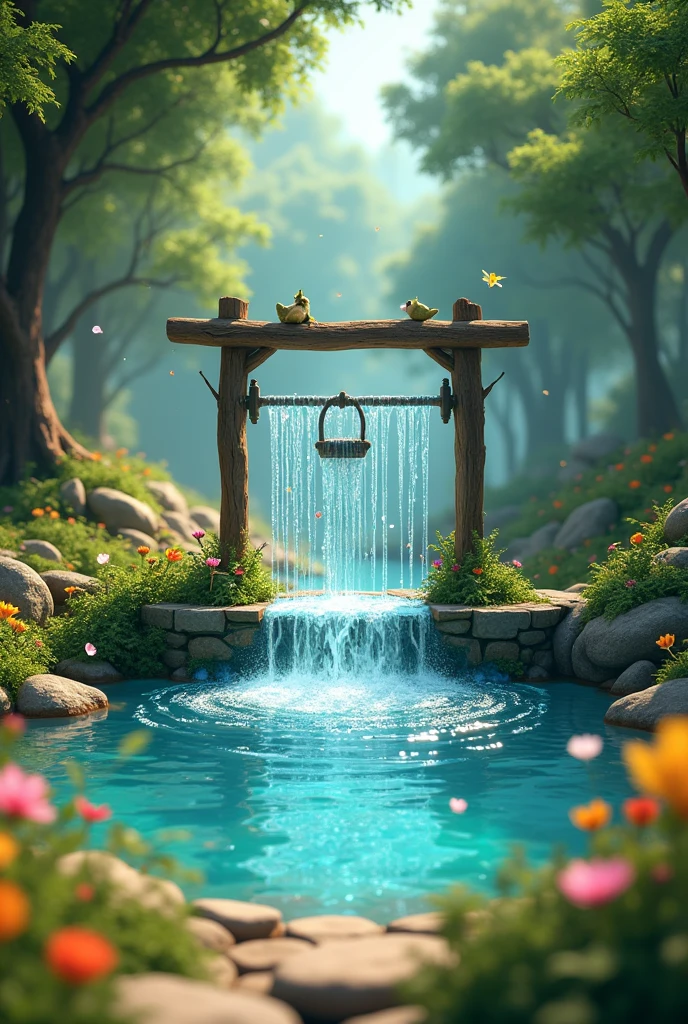 In cinematic 3D cartoon style "The village well being magically transformed into a beautiful, flowing spring with clear, sparkling water"