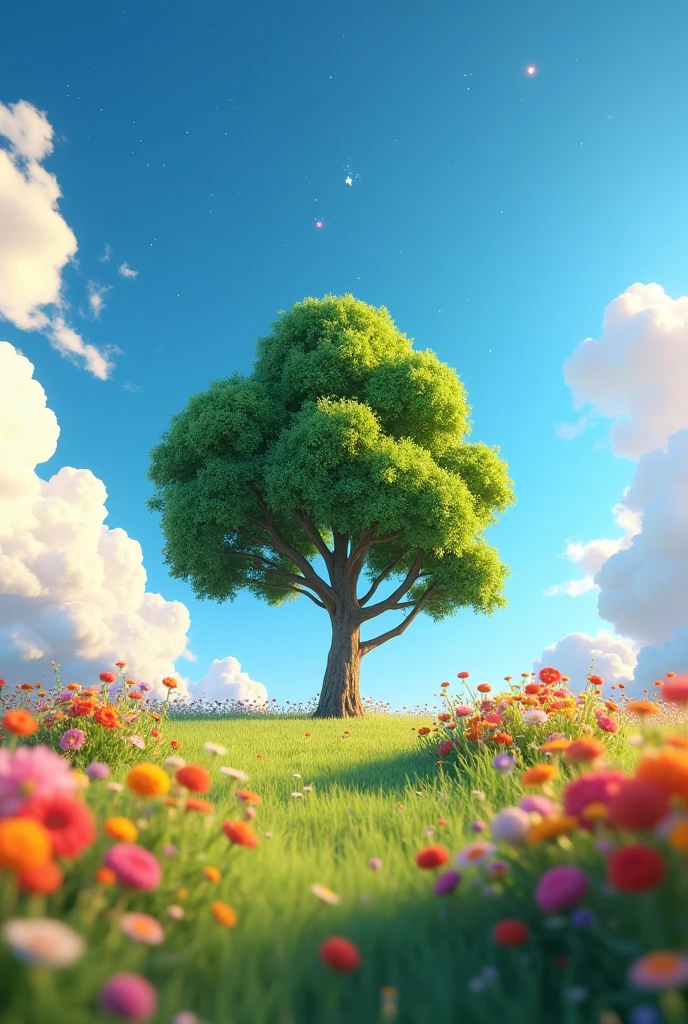 Viral anime nature wallpaper in 4K quality, in the style of Pixar 3D inspired by Toy Story, showcasing a lush meadow filled with colorful wildflowers, a clear blue sky with fluffy clouds, and a single majestic tree standing in the middle; bright and cheerful color temperature, cosmos lighting with stars twinkling in the sky, no human characters, the atmosphere is whimsical and joyful --v 5 --stylize 1000