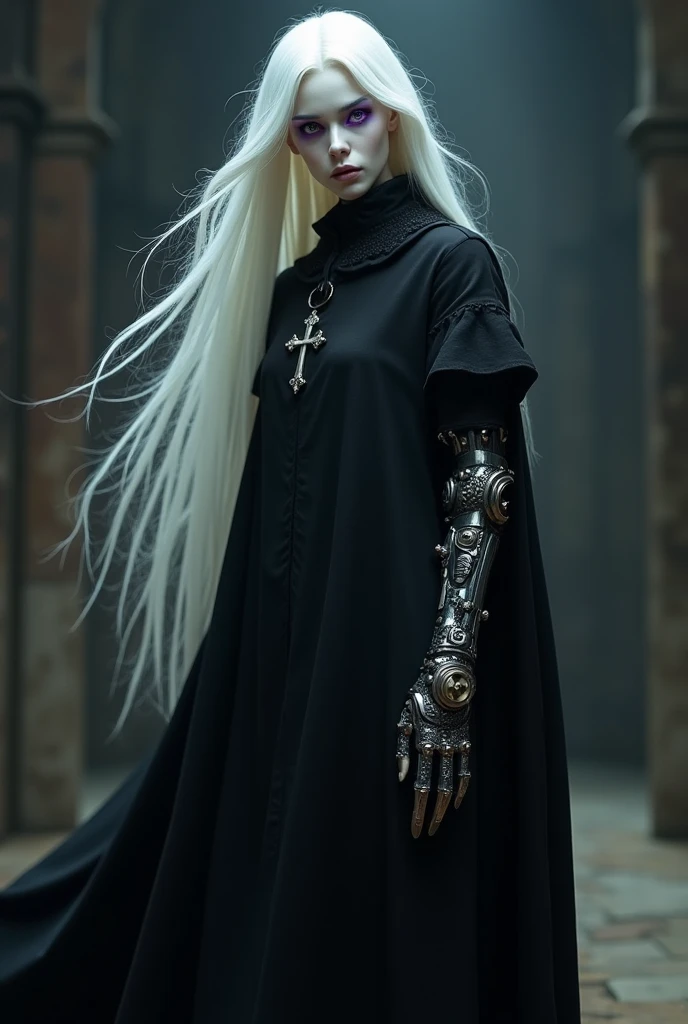  Middle Ages Albino with White Hair Violet Eyes, black robes with a collar with a small cross, and with the steampunk prosthetic left arm 