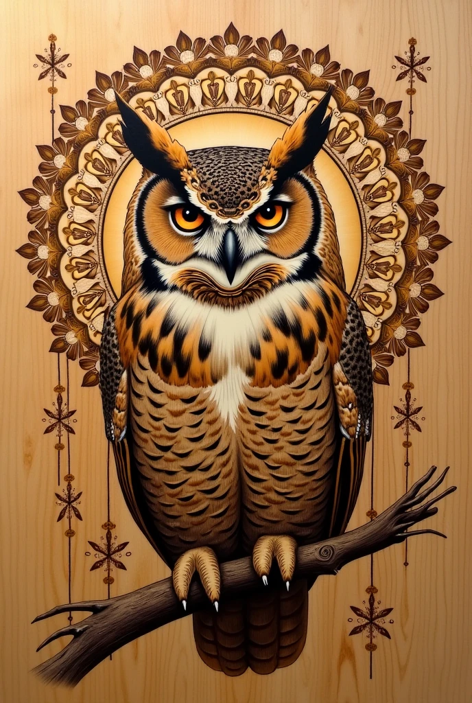 Pyrography owl on wood along with some mandalas

