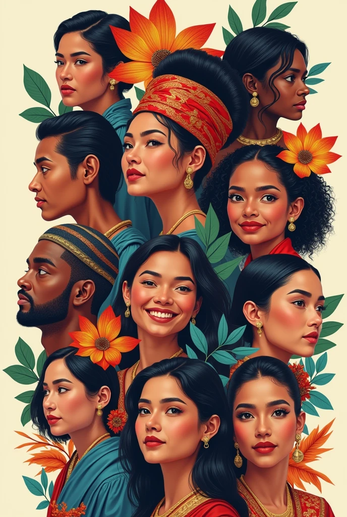 Make a poster (poster making) of faces from different ethnic groups and their backgrounds, with a unique cultural elements.(e. g traditional attire, symbols, or flags.)
