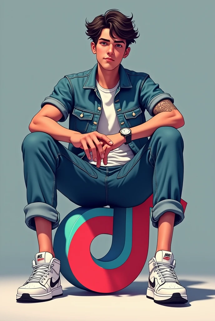 créez une illustration 3D d'un personnage aimée Assis de manière décontracté au-dessus d'un logo de media social « tik tok  » le personnage doit porter des vêtements moderne et décontracté qu'une veste en jean et des chaussures de sport Nike air de couleur blanche.  Le fônd de l'image est une page de profil du media social avec un nom d'utilisateur “Tgr.Raoul/ 24k abonné" et une photo de profil qui correspond,