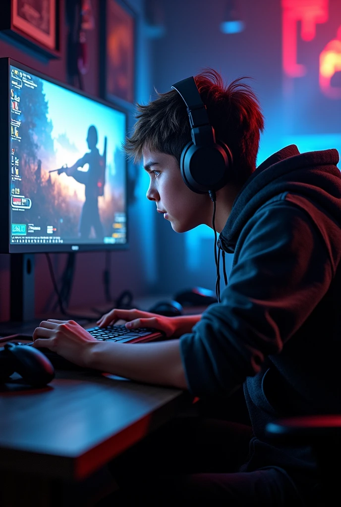 A boy playing video games, Free Fire, pro player 

