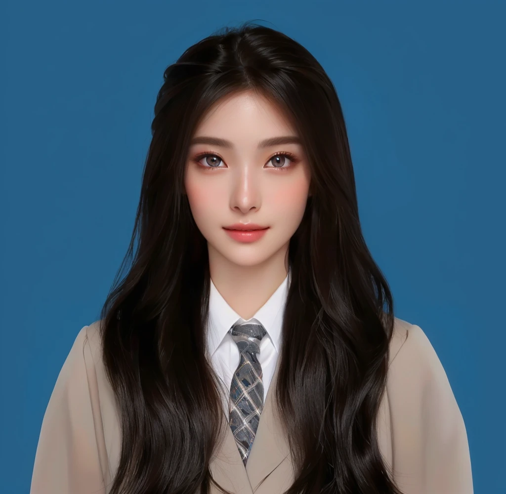 There is a long-haired woman，Wearing a suit and tie, (Hyper-realism), (A high resolution), (8K), (Extremely detailed), (Best Illustration), (Beautiful and delicate eyes), (Best quality), (Ultra Detailed), (masterpiece), (Detailed face),（Professional Profile Picture），Smile，Indoor Photography