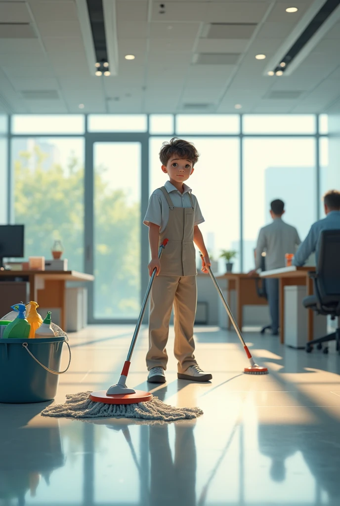 Create an image where our cleaning boy cleaning the office floor