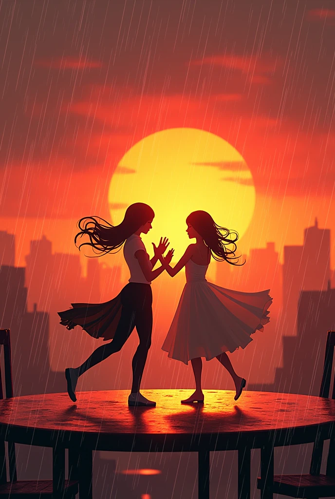 2 human style charging cabal dancing in table with sunset rainy backround