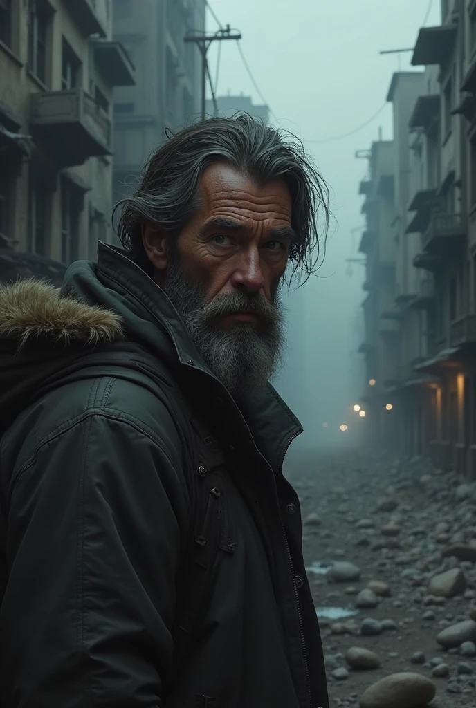Desolate Echoes: A Portrait of Solitude. A bearded mountain man portrait street with weathered buildings looming in the backdrop, shadows casting over the scene to evoke a feeling of hopelessness, lights from the distance 