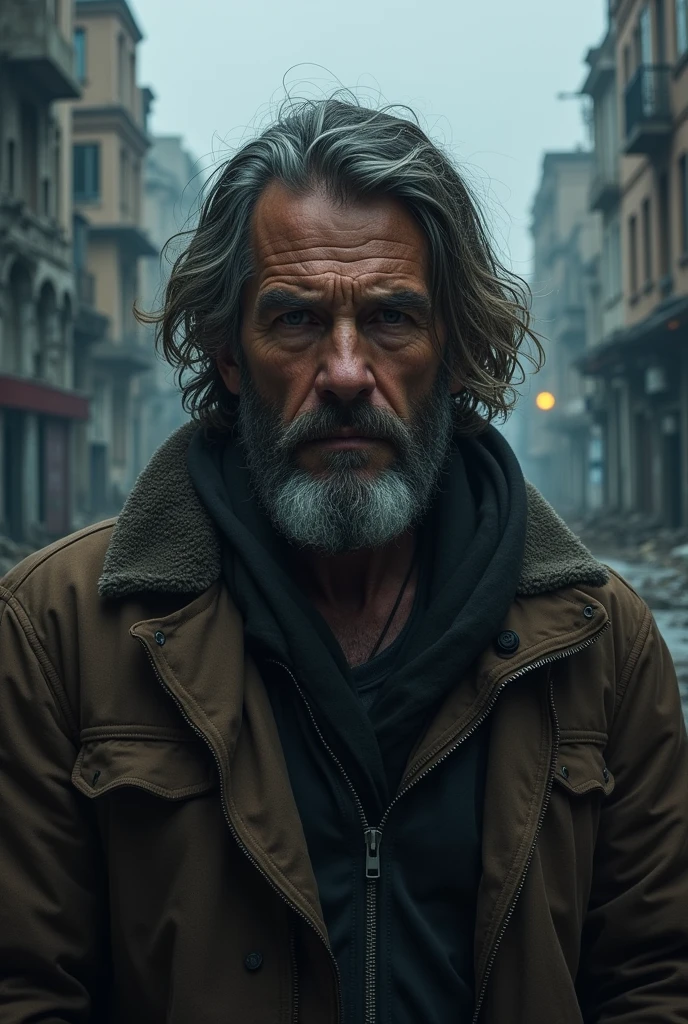 Desolate Echoes: A Portrait of Solitude. A bearded mountain man portrait street with weathered buildings looming in the backdrop, shadows casting over the scene to evoke a feeling of hopelessness, lights from the distance 