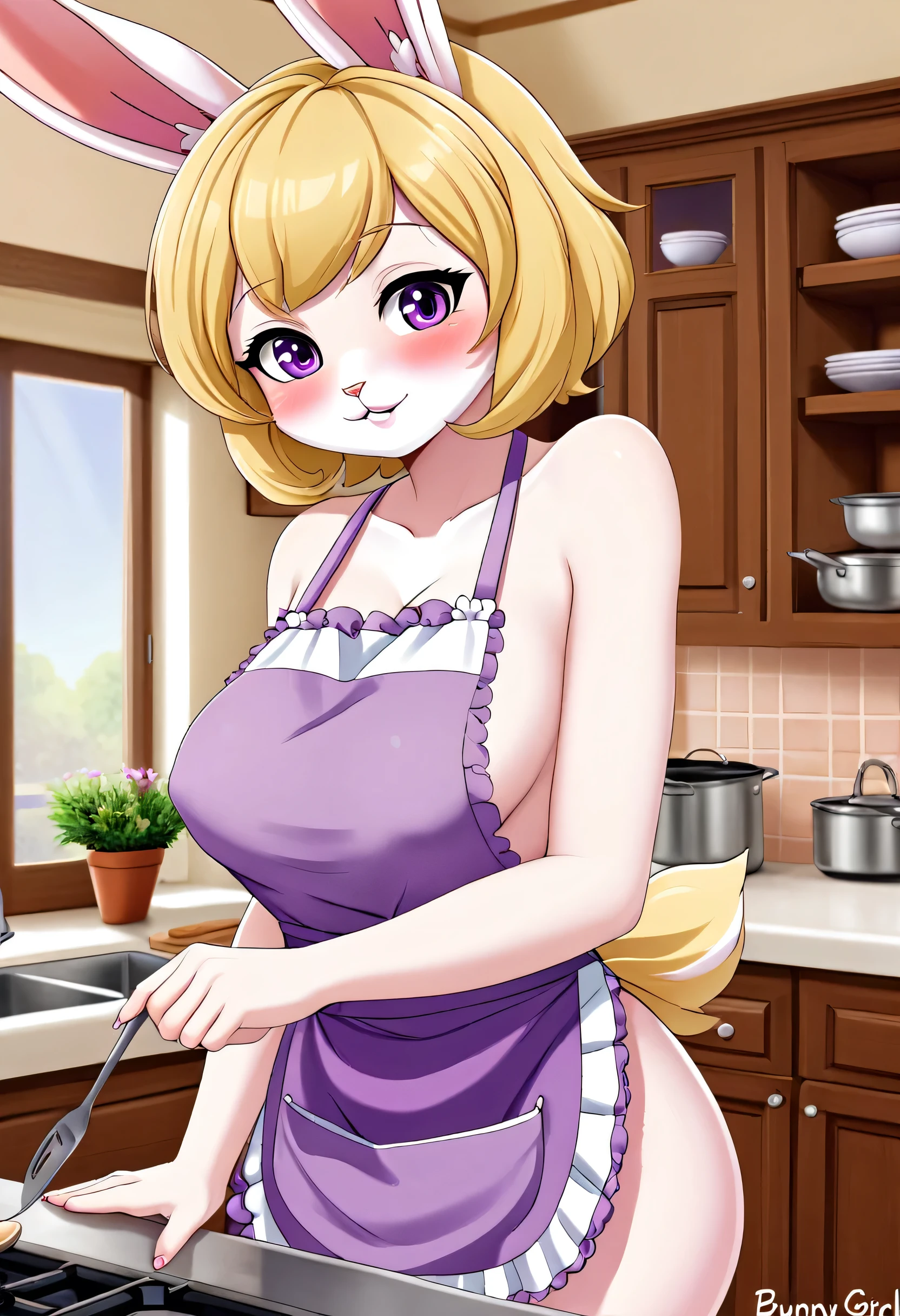 A bunny girl named Cera, her fur is white colored, her short feathered hair is blonde, and her eyes are purple. She has a fit body and budding breasts. She is wearing only an apron. She wants to mate with viewer causing her to blush. She is helping in the kitchen.