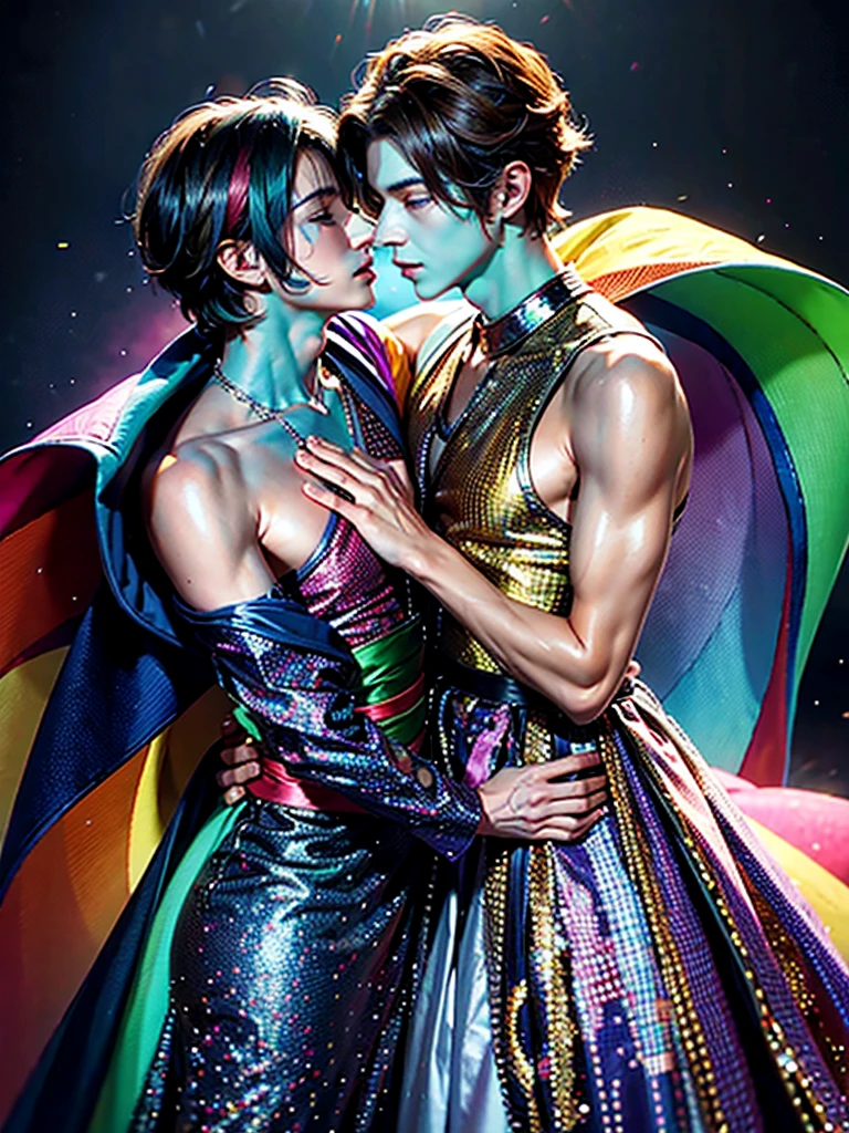 "Create a highly detailed and realistic image of two men embracing. One of the men is dressed in colorful, flamboyant clothing, blending elements of drag fashion with traditional Israeli attire. His outfit features bright, saturated colors, intricate patterns, and bold makeup. The other man, whom he is embracing, wears a more typical, masculine outfit in muted tones. The scene is vibrant, with a richly colored rainbow arching in the background, casting soft, multi-colored light across the scene. The environment should be warm and welcoming, with a sense of love and acceptance filling the air. The image should be filled with texture and depth, showcasing the intricate details of their clothing, expressions, and the surrounding atmosphere."