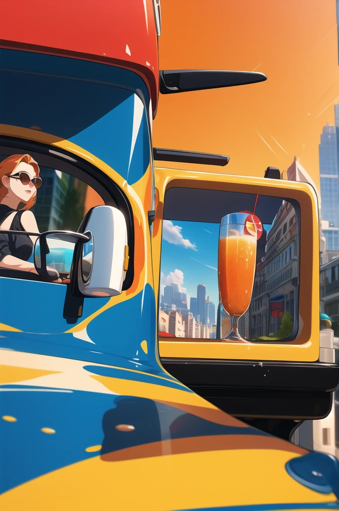work of art, best qualityer, an trunk shot of a woman going through a city, cups, aviators, oculos de sol, nuanced, (trunk), going, portraite, lateral view, City street, swirly vibrant colors, hight contrast, splash of color,
