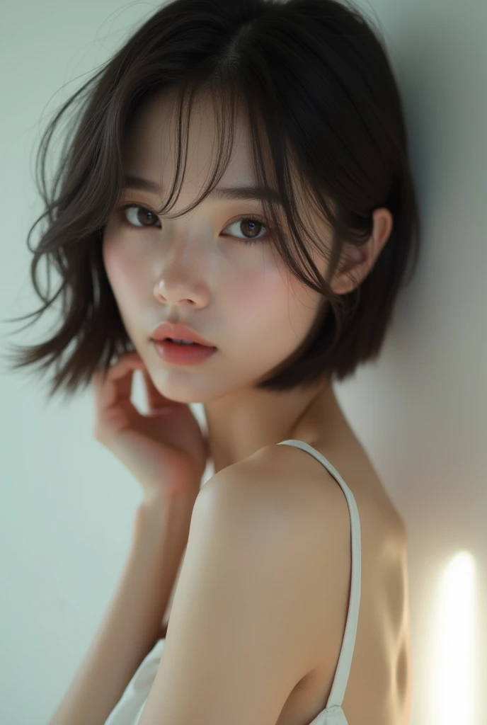 (masterpiece,Distinguished Quality,Mirror-like,Cinematic Experience,insanely detailed,absurdres),8k,wallpaper,,(Best illustrations:2.0),(One Woman:2.0),(,(Short Bob:2.0),(Beautiful Eyes),(Detailed face),((masterpiece:1.3), (8k, photorealistic, RAW photo, best quality: 1.4), (1girl), beautiful face, (realistic face), (black hair, short hair :1.3), beautiful hairstyle, realistic eyes, beautiful detailed eyes, (realistic skin), beautiful skin, (full nude), absurdres, attractive, ultra high res, ultra realistic, highly detailed, golden ratio, small breasts ,white background , , looking at viewer, (small breasts:1.8) , nude , cleavage:1.5 , ,Shy smile, glare , pussy juice,pale skin ,detailed skin, young adult , , white background , glare:1.2 ,shyness :1.2 ,( pussy line:1.5 ), (spread pussy:1.5) , nsfw:1.5 , (spread legs:1.5 ), 8k , missionary position, folded, on back, {{leg on another's shoulder, leg up, hands on another's hips}}