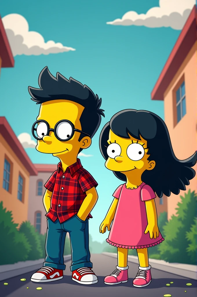 Simpsons poster with a boy with dark hair, short black hair, glasses, red plaid shirt and a girl with long black hair, pink dress