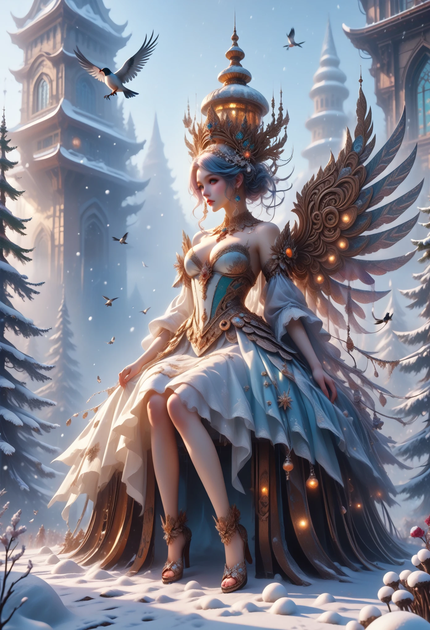 score_9, score_8_up,score_7_up, masterpiece, best quality, perfect anatomy, very aesthetic, official art, 8k, girl alone, sexy, of heavenly beauty, goddess, curvy, More Average Breasts, Beautiful Sparkling Hair Long Voluminous, Snowy Village Background, Lots of Snow, snowing, Bright Sparkles, Snowflakes are circling, The wind is light, Birds Sit on Trees, Northern Lights in the sky Very Beautiful Many colors, great atmosphere, full height, full detailed, masterpiece, Huge Scale Painting Wallpaper, Best quality, Fairytale and Fantastic Atmosphere,