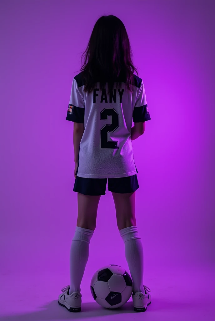 high quality photography ((masterpiece))
From a 1 girl , with her back turned and on her back the name Fany and the number 2 below on her soccer shirt and a ball hugged around her waist Black hair, that his face cannot be seen With the purple background of the image 