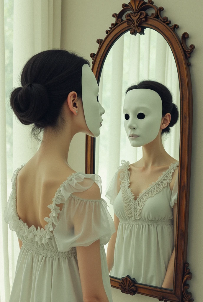 A woman with a white mime mask looking at herself in the mirror. Surrealist style and old cartoon animation type