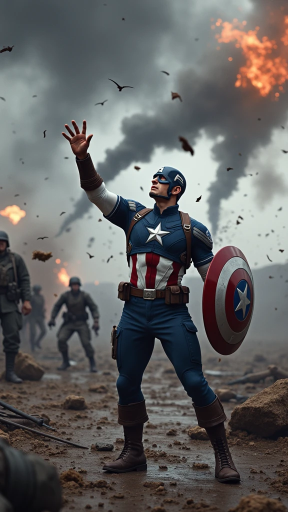 Illustrate a powerful and emotional scene where Captain America faces the heart-wrenching dilemma of changing the past. In the foreground, Captain America stands on a battlefield from World War II, reaching out toward a moment frozen in time—Bucky Barnes in mortal danger. His hand is outstretched, fingers trembling with hesitation, as he battles with the decision of whether or not to intervene.

Bucky is depicted in a life-or-death situation, perhaps hanging from a cliff edge or caught in the blast of an explosion, his face showing a mixture of fear and determination. The scene around them is charged with tension: debris and dirt suspended in mid-air, flames from an explosion halted in their tracks, and soldiers frozen in the midst of combat.

Captain America's face is a study in inner conflict, his brows furrowed, and his eyes filled with anguish as he weighs the consequences of altering the timeline. His iconic shield is slung across his back, slightly obscured, as if forgotten in this moment of deep contemplation. His stance is tense, with one foot planted forward, ready to move, but his body pulled back by the weight of the decision.

The background is blurred, focusing all attention on the intense emotional struggle between Captain America and the image of Bucky. Subtle distortions in the air around Captain America suggest the pressure of time being held at bay, with faint echoes of past memories swirling faintly around him, hinting at the possible outcomes of his choice.

The lighting is dramatic, with a harsh, golden glow highlighting the figures of Captain America and Bucky, while the surrounding environment remains in shadow, adding to the gravity of the moment. The overall atmosphere should convey a sense of urgency, sorrow, and the profound weight of the decision Captain America faces, as he stands on the precipice of altering history.