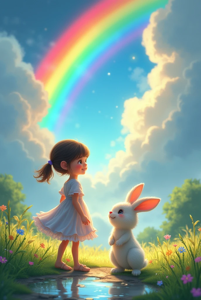 the storm stop rainbow appears and young girl and rabbit were happy together  