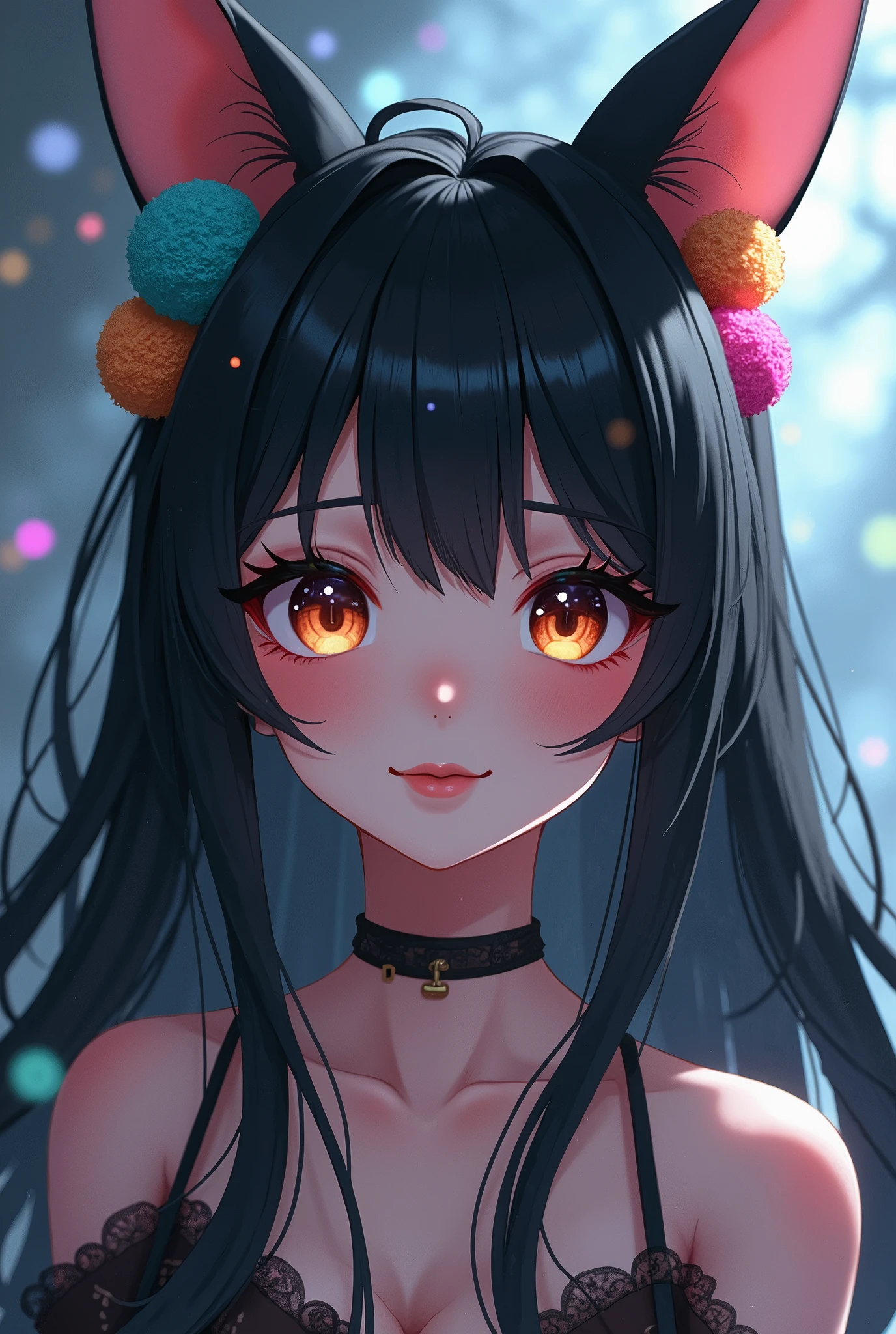 black hair, hair bobbles, wince, longeyelashes, solid circle eyes, fake animal ears, light smile, ear blush, fang, ccurate, Surrealism, drop shadow, anaglyph, stereogram, tachi-e, pov, atmospheric perspective, 8k, super detail, best quality, textured skin
