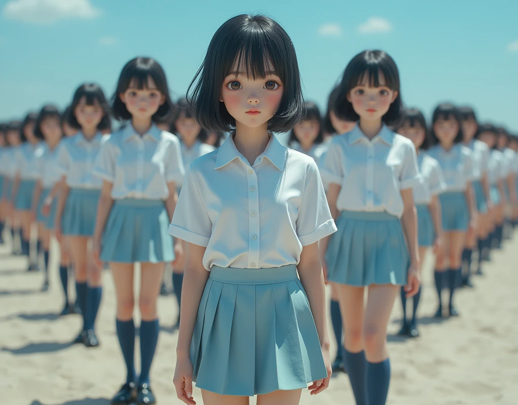 (((((Japanese Clone-girls=Myself))))), (((Super Best masterpiece Clone-girls Raw Photography Art))), (((16K, Highest quality, Ultra-high resolution, RAW Photos))), (((It's so unrealistic., With unparalleled depiction, With an unfathomable sight, An unprecedented and shocking worldview, Clone-girls: In a world of mass reproduction, Ultra-realistic))), (((Japanese Girls, ueto-aya, 26yo, Small face, Thick black hair, Short Hair, Dark Eyes, Mature face, Cute Smile, Smiling face, A gentle gaze, (((Very happy laughter)))))), (((Very beautiful detailed girls, Accurate body structure, Accurate body movements, Very detailed body, (((Super big breasts, Large bulge of ample breasts)))))), (((White short-sleeved shirt, I can see the cleavage, Emphasise the fullness of your breasts, Light blue pleated mini skirt, Dark blue socks, Black leather shoes))), ((((((((Very detailed, Myself cloning, Depiction of splitting oneself, 1Myself girl→1,000,000,000,000,000,000,000,000,000,000Myself cloning girls)))))))), (((((((Myself clone-girlsから, Myself keeps multiplying, (Very detailed and intricate, To the exact, Flawless, (((In the same female body,With the same face, With the same hairstyle, In the same clothes, At the same height, 同じSuper big breastsである))), In a detailed depiction), 1,000,000,000,000,000,000,000,000,000,000 people))))))), (((((Myself girls only))))), (((((1,000,000,000,000,000,000,000,000,000,000Myself girls))))), (((((Very detailed depiction, Multiple or more Myselves, Physical contact, Pleasant conversation, Holding hands, Hug, walk, Turn around, Shift your gaze))))), (((Very detailed, Extremely crowded, Body-to-body contact with no gaps))), (Bright and soft lighting), (((((Clear and accurate perspective depiction, super wide view, Ultra-wide field of view, Focus on the average value of the image))))), A crowd of Myself filling up the horizon