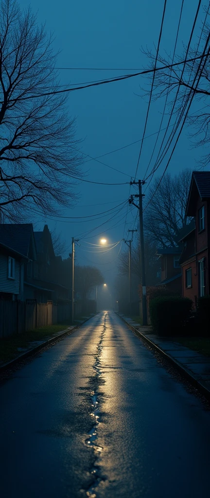 1990's blue hour vibe in the suburbs after raining, with a view of a street with houses on each side with their lights turned off, street lights turned off, no artificial light, no life forms in sight