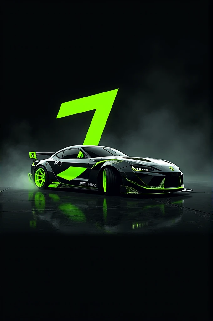 logo in black, white and neon green colors, using J letter with a Drift car, high details, ray tracing, need for speed unbound art style --v 4