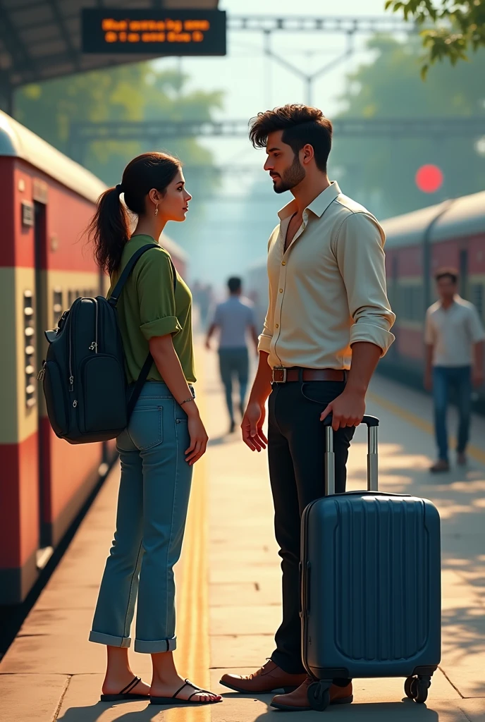 A couple in indian railway station and men are in the train door and train has out of station are slowly and women say good bye to him both are emotional for long distance and men had a trolly bag and women wear a baggy jins and green top and men wear a black formal paint and white shirt and men had a blue trolly bag and the station name bhanuprattappur men fitness bulky