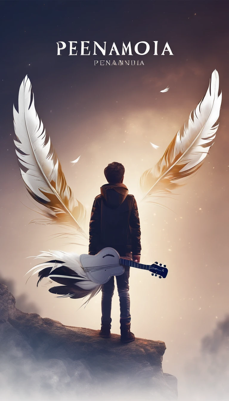 Create a minimal, modern, simple, inspirational, fantastic, poetic, epic, original, memorable, dream like, cinematic logo design of a dreamer boy and a cinematic, memorable white fantasy feather for the brand “Penamemoria". The logo design must show the friendship and creative, fantastic, memorable journey between a dreamer boy with an acoustic guitar and a fantasy, fantastic feather.
