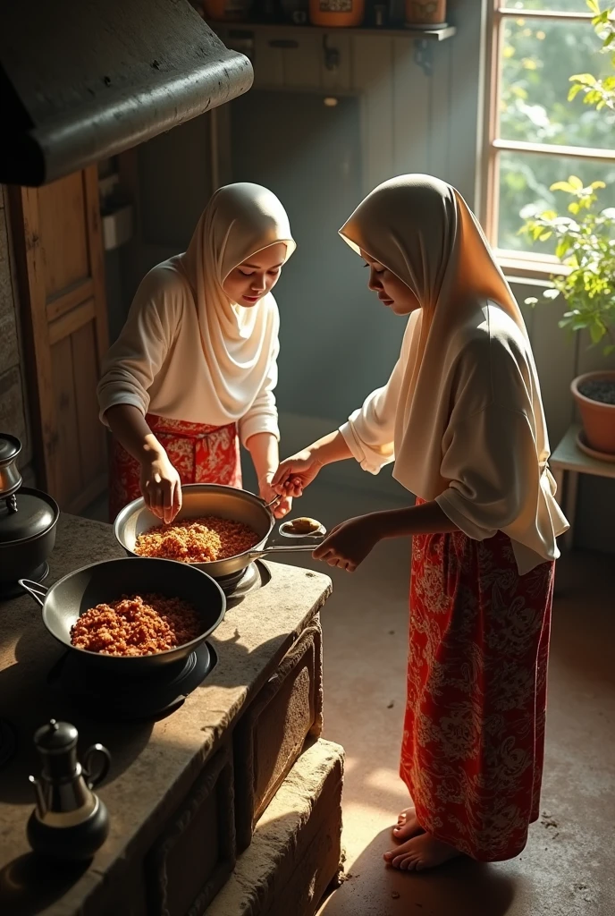 (photorealism:1.2), an aerial view of two malay beauty hijab girl sit down on a wooden kitchen, in a midle of stove, wear a long sleeve t-shirt and a batik sarong, the girls pouring a meal onto the wok, a top aerial angle, in a morning sunshine, old urn,old stove,, old kettle