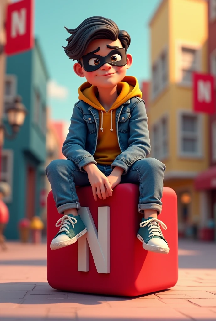 Create a 3D illustration of an animated character Robin sitting casually on top of a logo "Netflix". The character must wear casual modern clothing such as jeans jacket and sneakers shoes. The background of the image is a social media profile page with a user name "name" and a profile picture that match.