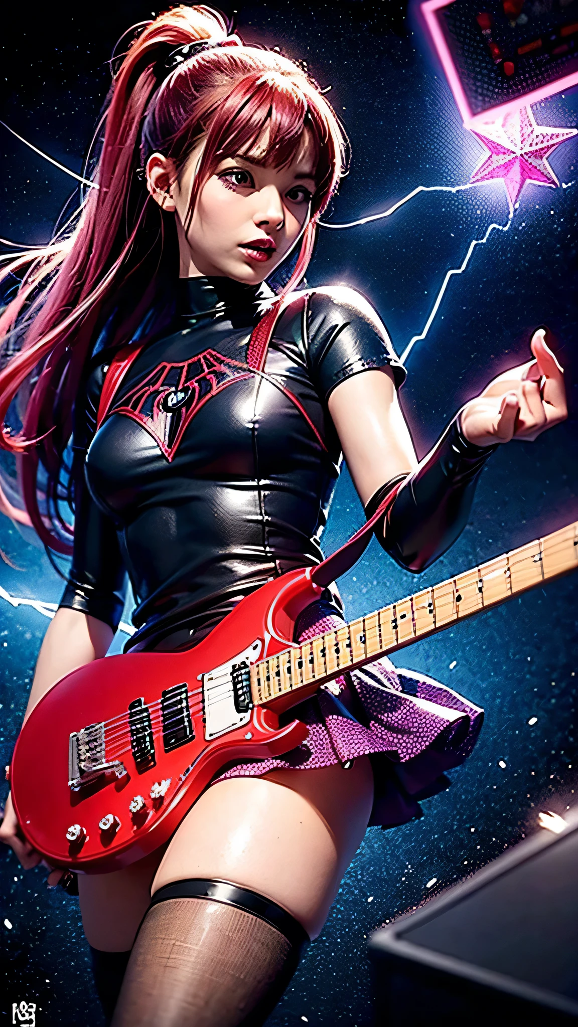 Rock Spiderrman girl 13 years mini skirt hard long air and stars deep purple hold marvel holding the microfon singing and player electric guitarr red with a background of thunder and a very rock vibes.
