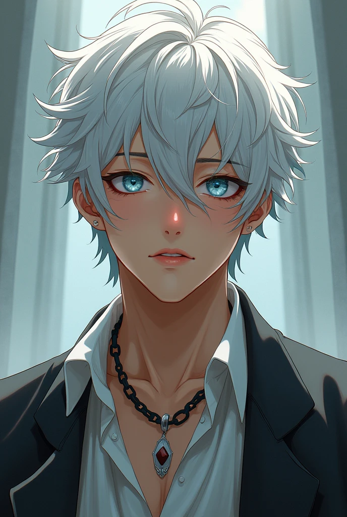 20 years boy, white hair, brown skin, anime