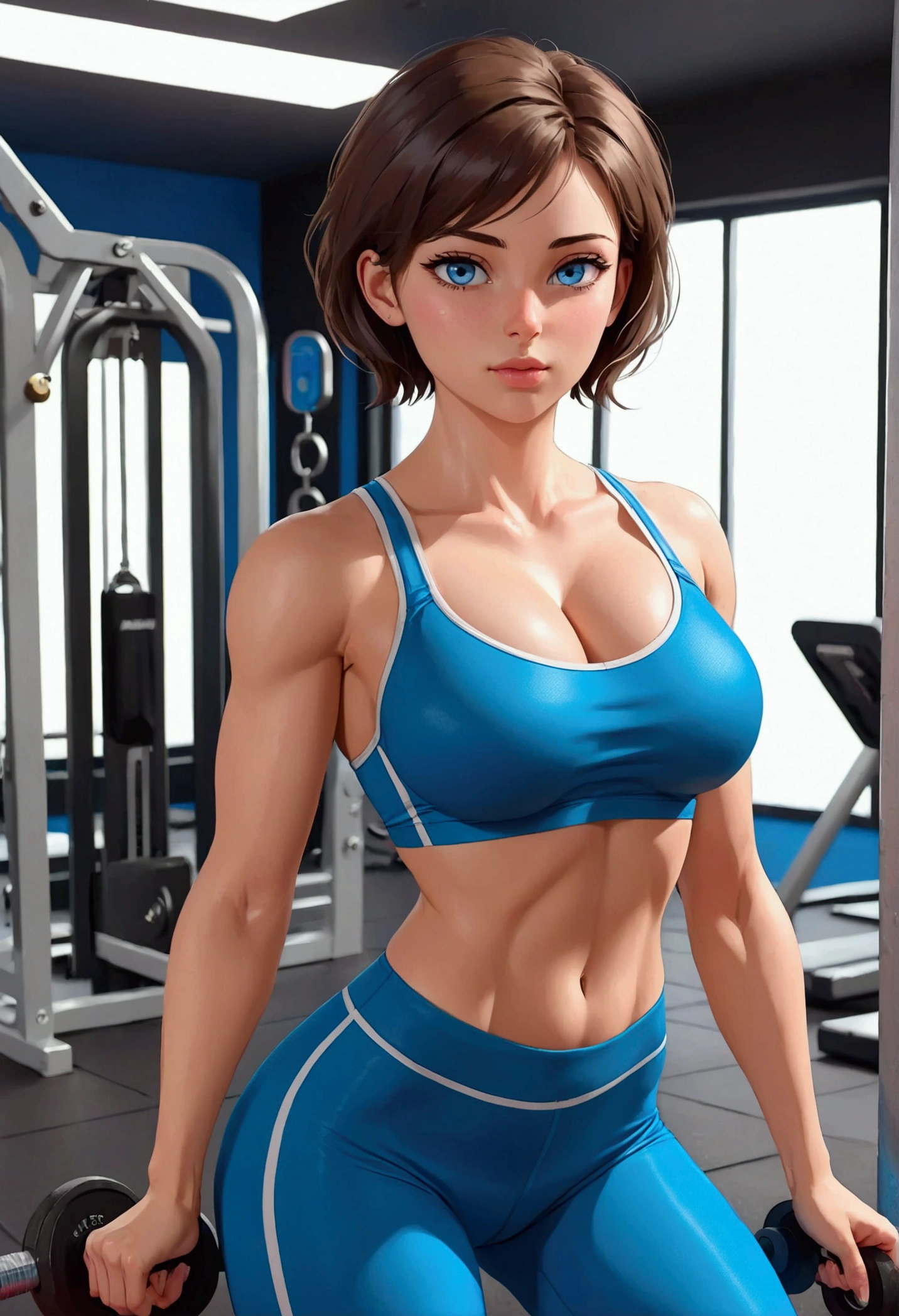 20 years old woman, Short brown hair, Méditerranéenne aux blue eye, Generous and heavy , slender waist, estomac defini, fesses ies et pulpeuses, naturally curved, muscular thighs, aguicheuse, in the gym, leggings and bra , blue eye, work out, sweating