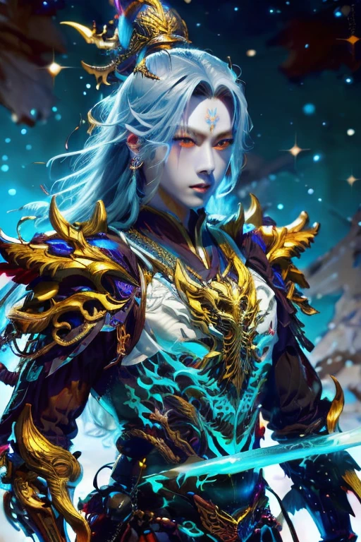 Handsome young xianxia protagonist,chinese alpha male typical face,man,guy,long silver hair, long silver hair((no noice)),Crimson red and golden amber eyes combination ,eyes focus detailed((no noice)),perfect real human eyes,super reality eyes detailed(no noice)),((no noice))),and long silver hair with white undertone,and the golden rune motiv scratched on his forehead((no noice)),use armour featuring like pattern on furr of white Tiger chinese with azure and white dominant color,pauldron protective shape like dragon head,breastplate featuring like azure dragon head,breastplate detailed azure dragon head shape,shoulder protective dragon shape like head red and blue,sun and moon and circling at the background,the tassel of the armour like river of stars, combination of azure and white dominant color,white dominant color, white dominant color armour,with majestic purple line ,held mystical sword,sword detailed, destruction emanating from sword ((no noice))And majestic golden wings at back,wings at back,terrifying aura around,24K ultra hd,face and eyes detail,lips and face detail,masterpiece ,better quality,ultraa realistic face((no noice)),good face proportion,eyes detailed,((perfect face)),perfect eyes ,perfect face proportion,