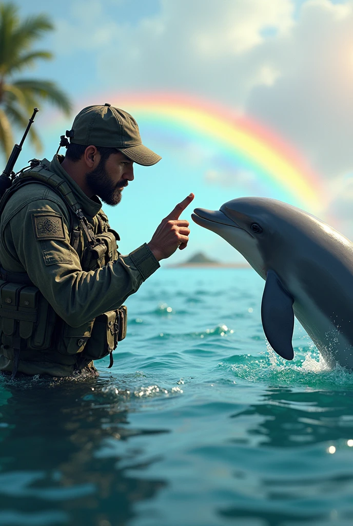 A call of duty character sticking his finger out over a dolphin and a rainbow and ocean background