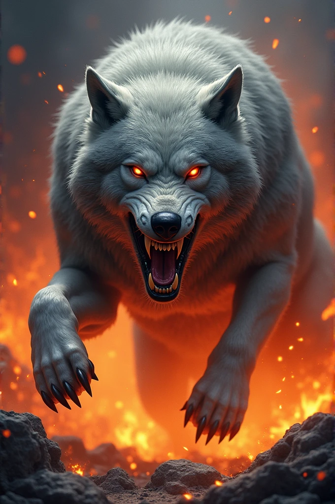 A wolf with big teeth fire