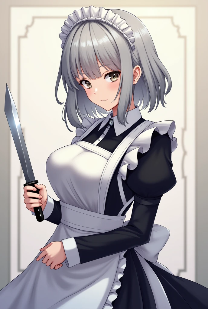 masterpiece, best quality, highres,  1girl, solo, sakuya1, maid, apon, greyt hair, medium breasts, knife